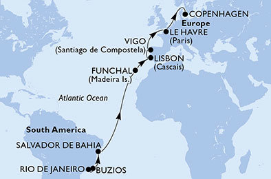 Brazílie, Portugalsko, Španělsko, Francie, Dánsko z Rio de Janeira na lodi MSC Poesia