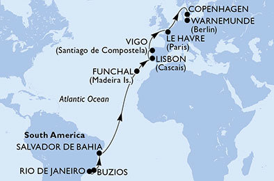 Brazílie, Portugalsko, Španělsko, Francie, Dánsko, Německo z Rio de Janeira na lodi MSC Poesia