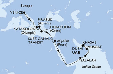 Itálie, Řecko, Egypt, Jordánsko, Omán, Spojené arabské emiráty z Benátek na lodi MSC Lirica