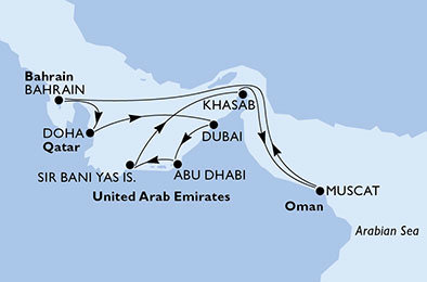 Spojené arabské emiráty, Katar, Bahrajn, Omán z Dubaje na lodi MSC Lirica