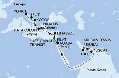 Spojené arabské emiráty, Omán, Izrael, Jordánsko, Egypt, Kypr, Řecko, Černá Hora, Chorvatsko, Itálie z Dubaje na lodi MSC Lirica