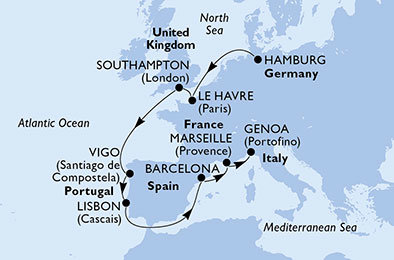 Německo, Francie, Velká Británie, Španělsko, Portugalsko, Itálie z Hamburku na lodi MSC Preziosa