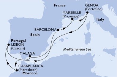 Itálie, Španělsko, Maroko, Portugalsko, Francie z Janova na lodi MSC Preziosa