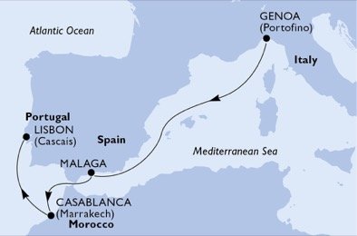 Itálie, Španělsko, Maroko, Portugalsko z Janova na lodi MSC Preziosa