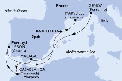 Itálie, Španělsko, Maroko, Portugalsko, Francie z Janova na lodi MSC Preziosa