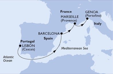 Portugalsko, Španělsko, Francie, Itálie z Lisabonu na lodi MSC Preziosa
