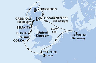 Německo, Korunní závislé území Velké Británie, Irsko, Velká Británie z Hamburku na lodi MSC Orchestra
