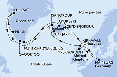 Německo, Velká Británie, Island, Autonomní oblast Dánska z Hamburku na lodi MSC Orchestra