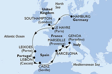 Německo, Velká Británie, Francie, Portugalsko, Španělsko, Itálie z Hamburku na lodi MSC Orchestra