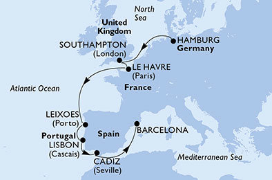 Německo, Velká Británie, Francie, Portugalsko, Španělsko z Hamburku na lodi MSC Orchestra