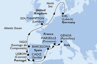 Itálie, Francie, Španělsko, Portugalsko, Velká Británie, Německo z Janova na lodi MSC Meraviglia