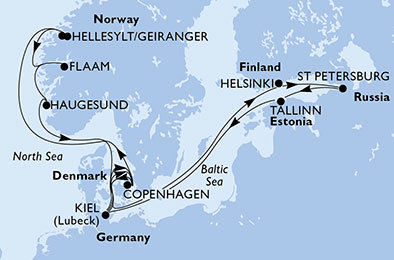 Německo, Dánsko, Norsko, Finsko, Rusko, Estonsko z Kielu na lodi MSC Meraviglia