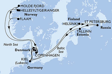 Dánsko, Finsko, Rusko, Estonsko, Německo, Norsko z Kielu na lodi MSC Meraviglia