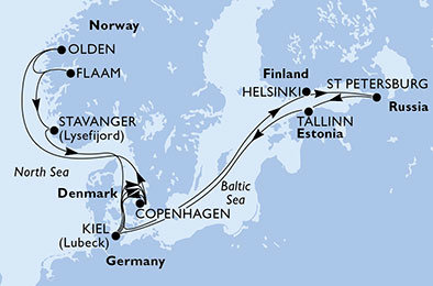 Německo, Dánsko, Finsko, Rusko, Estonsko, Norsko z Kielu na lodi MSC Meraviglia