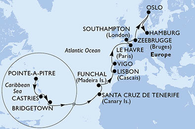 Guadeloupe, Svatá Lucie, Barbados, Španělsko, Portugalsko, Francie, Velká Británie, Belgie, Norsko, Německo z Pointe-à-Pitre, Guadeloupe na lodi MSC Preziosa