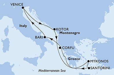 Itálie, Černá Hora, Řecko z Bari na lodi MSC Opera