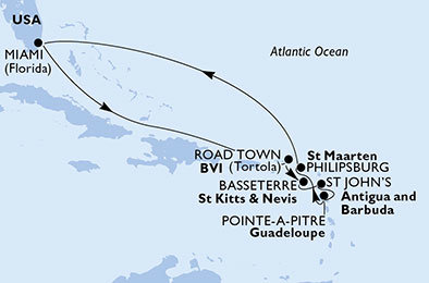USA, Antigua a Barbuda, Svatý Kryštof a Nevis, Francie, Velká Británie, Nizozemsko z Miami na lodi MSC Divina