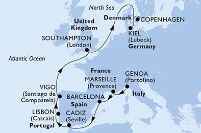 Itálie, Francie, Španělsko, Portugalsko, Velká Británie, Německo, Dánsko z Janova na lodi MSC Meraviglia