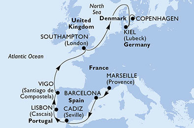 Francie, Španělsko, Portugalsko, Velká Británie, Německo, Dánsko z Marseille na lodi MSC Meraviglia