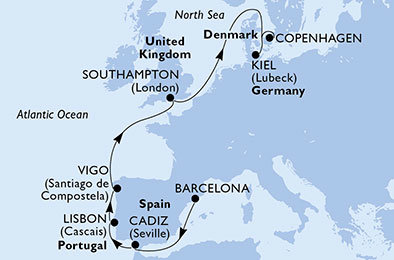 Španělsko, Portugalsko, Velká Británie, Německo, Dánsko z Barcelony na lodi MSC Meraviglia