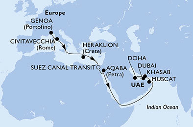 Itálie, Řecko, Egypt, Jordánsko, Omán, Katar, Spojené arabské emiráty z Janova na lodi MSC Bellissima