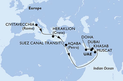 Itálie, Řecko, Egypt, Jordánsko, Omán, Katar, Spojené arabské emiráty z Civitavecchia na lodi MSC Bellissima