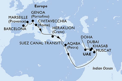 Španělsko, Francie, Itálie, Řecko, Egypt, Jordánsko, Omán, Katar, Spojené arabské emiráty z Barcelony na lodi MSC Bellissima