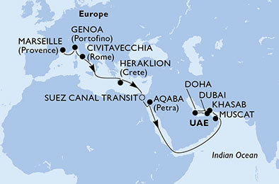 Francie, Itálie, Řecko, Egypt, Jordánsko, Omán, Katar, Spojené arabské emiráty z Marseille na lodi MSC Bellissima
