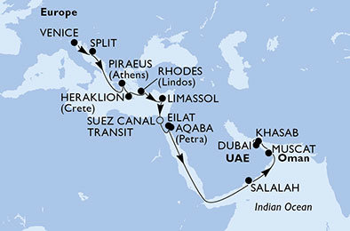 Itálie, Chorvatsko, Řecko, Kypr, Egypt, Izrael, Jordánsko, Omán, Spojené arabské emiráty z Benátek na lodi MSC Lirica