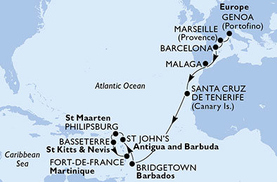 Itálie, Francie, Španělsko, Barbados, Antigua a Barbuda, Svatý Martin, Svatý Kryštof a Nevis, Martinik z Janova na lodi MSC Preziosa