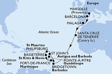 Francie, Španělsko, Barbados, Antigua a Barbuda, Svatý Martin, Svatý Kryštof a Nevis, Martinik, Guadeloupe z Marseille na lodi MSC Preziosa