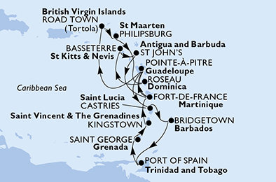 Guadeloupe, Britské Panenské ostrovy, Svatý Martin, Dominika, Svatý Kryštof a Nevis, Antigua a Barbuda, Martinik, Svatá Lucie, Barbados, Trinidad a Tobago, Grenada, Svatý Vincenc a Grenadiny z Pointe-à-Pitre, Guadeloupe na lodi MSC Preziosa
