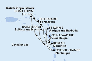 Guadeloupe, Britské Panenské ostrovy, Svatý Martin, Dominika, Svatý Kryštof a Nevis, Antigua a Barbuda, Martinik z Pointe-à-Pitre, Guadeloupe na lodi MSC Preziosa