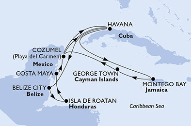 Kuba, Belize, Honduras, Mexiko, Jamajka, Kajmanské ostrovy z Havany na lodi MSC Opera