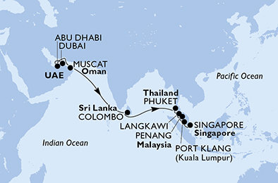 Spojené arabské emiráty, Omán, Srí Lanka, Thajsko, Malajsie, Singapur z Abu Dhabi na lodi MSC Splendida