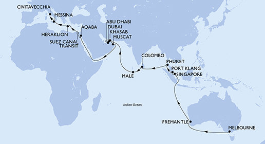 Austrálie, Singapur, Malajsie, Thajsko, Srí Lanka, Maledivy, Spojené arabské emiráty, Omán, Jordánsko, Egypt, Řecko, Itálie na lodi MSC Magnifica