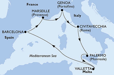 Itálie, Malta, Španělsko, Francie z Palerma na lodi MSC Grandiosa