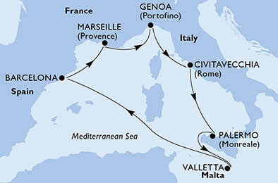 Španělsko, Francie, Itálie, Malta z Barcelony na lodi MSC Grandiosa