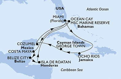 USA, Jamajka, Kajmanské ostrovy, Mexiko, Bahamy, Belize, Honduras z Miami na lodi MSC Meraviglia