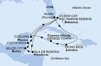 USA, Honduras, Belize, Mexiko, Bahamy, Jamajka, Kajmanské ostrovy z Miami na lodi MSC Meraviglia
