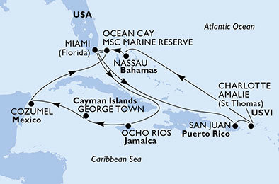 USA, Bahamy, Jamajka, Kajmanské ostrovy, Mexiko z Miami na lodi MSC Seaside