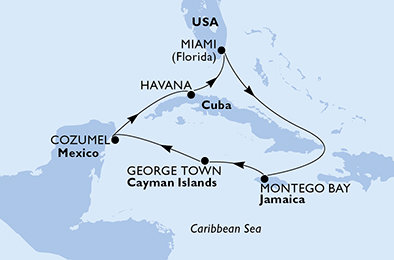 USA, Jamajka, Kajmanské ostrovy, Mexiko, Kuba z Miami na lodi MSC Armonia