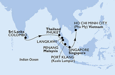 Srí Lanka, Thajsko, Malajsie, Singapur, Vietnam na lodi MSC Splendida