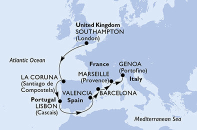 Velká Británie, Španělsko, Portugalsko, Francie, Itálie ze Southamptonu na lodi MSC Bellissima