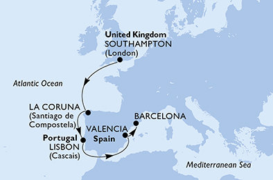 Velká Británie, Španělsko, Portugalsko ze Southamptonu na lodi MSC Bellissima