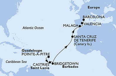 Guadeloupe, Svatá Lucie, Barbados, Španělsko z Pointe-à-Pitre, Guadeloupe na lodi MSC Fantasia