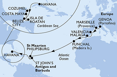Itálie, Francie, Španělsko, Portugalsko, Svatý Martin, Antigua a Barbuda, Kuba, Belize, Honduras, Mexiko z Janova na lodi MSC Opera
