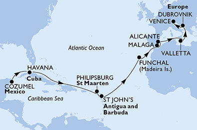 Mexiko, Kuba, Svatý Martin, Antigua a Barbuda, Portugalsko, Španělsko, Malta, Chorvatsko, Itálie z Cozumelu na lodi MSC Opera