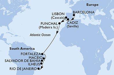 Španělsko, Portugalsko, Brazílie z Barcelony na lodi MSC Poesia