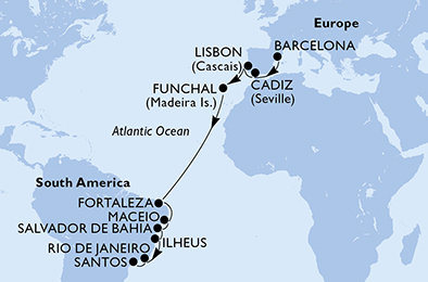 Španělsko, Portugalsko, Brazílie z Barcelony na lodi MSC Poesia